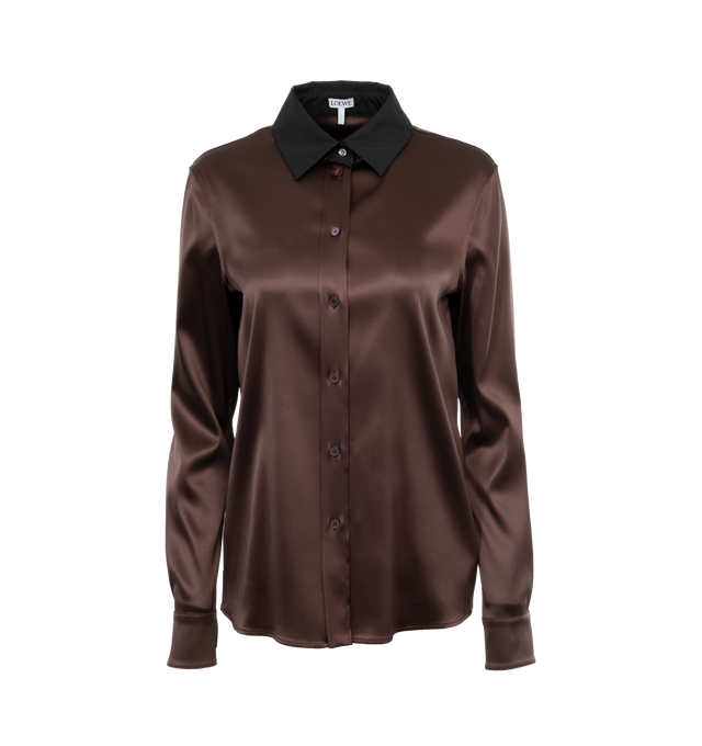 BROWN - LOEWE Silk Shirt featuring regular fit, regular length, contrast poplin collar, buttoned cuffs, button front fastening, LOEWE engraved mother of pearl buttons and straight hem. Silk. Made in Italy.