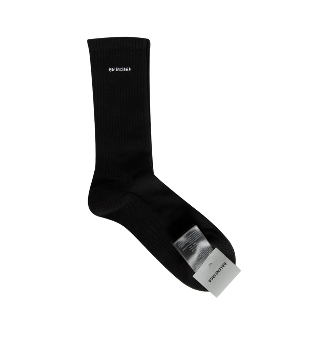 Image 1 of 2 - BLACK - Balenciaga Logo Socks are crafted from a cotton-blend fabric and feature a high-sock silhouette, breathable construction, and ribbed finishes for a secure, comfortable fit. Main Material: 75% Cotton, 23% Polyamide, 2% Elastane. Embroidery: 100% Polyester. Fit: Regular. Details: Embroidered Balenciaga Logo. 