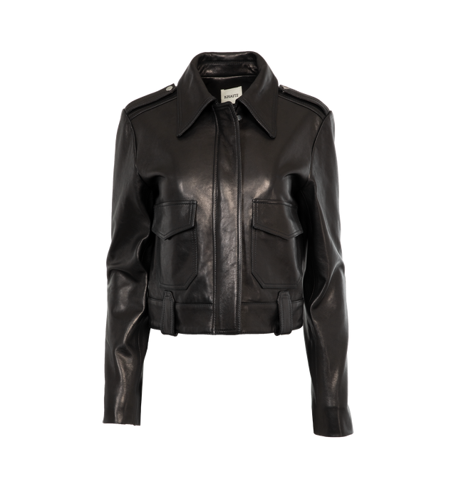 BLACK - KHAITE Cordelia Moto Jacket featuring zip front closure, buttoned epaulets, patch pockets, elbow patches, and zipped cuffs. 100% silk.