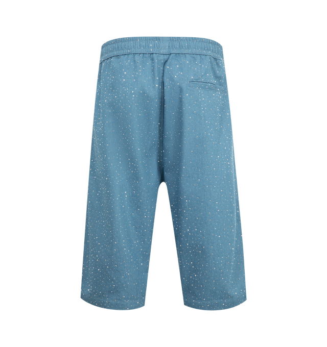 Image 2 of 3 - BLUE - PLEASURES Glitter Baggy Denim Shorts featuring rhinestone denim, elasticized waistband, concealed drawstring, two side pockets, one back welt pocket and woven label. 80% cotton, 20% polyester. 