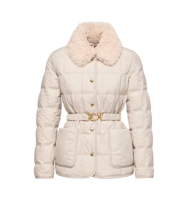 Image 1 of 1 - NEUTRAL - Moncler Womens Cygnes Belted Short Down Jacket is a refined design offering warmth with an elegant silhouette. Crafted from polyester with a smooth matte finish and quilted construction, this down-filled style stands out for its contrast collar and defined shape. Features detachable plush collar, snap-button front closure, adjustable detachable belt, and patch pockets. Exterior: 100% Polyester; Lining: 100% Polyester; Padding: 90% Down, 10% Feather; Trim: Calf Leather. Made in Moldo 