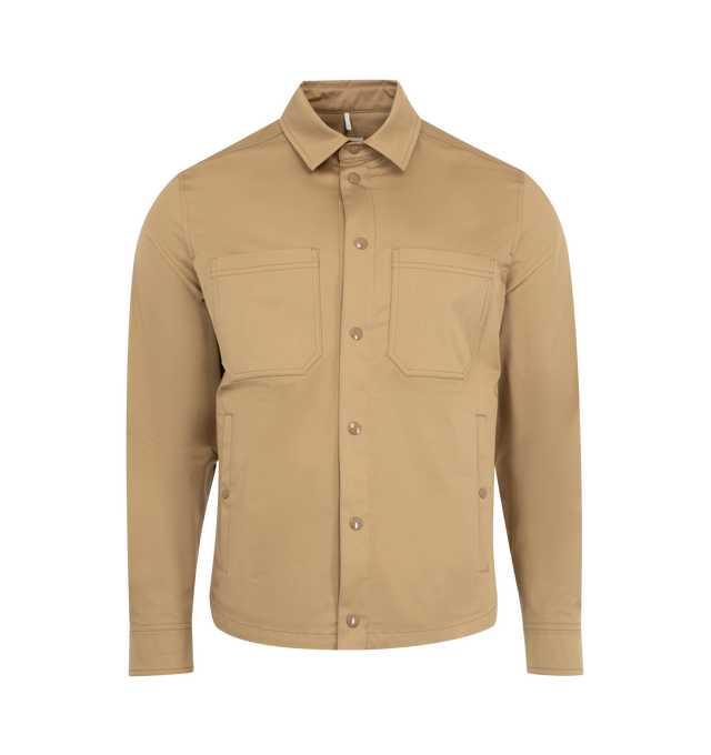 Image 2 of 6 - BROWN - Moncler Cotton Long Sleeve Shirt has a zipper and snap button closure, snap button pockets, adjustable cuffs, and a leather logo patch. 100% cotton. Made in Romania.  