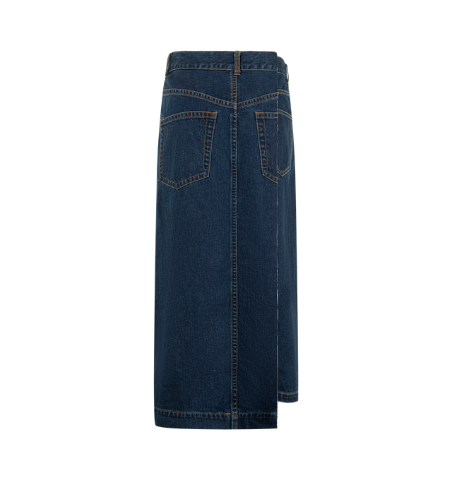 Image 2 of 3 - BLUE - Sacai Women's Asymmetrical Denim Skirt is crafted from denim and features the brands signature deconstructed approach to design. Cut in an asymmetrical silhouette, this statement skirt combines classic denim detailing with sculptural proportions. Main Material: Cotton Denim.  