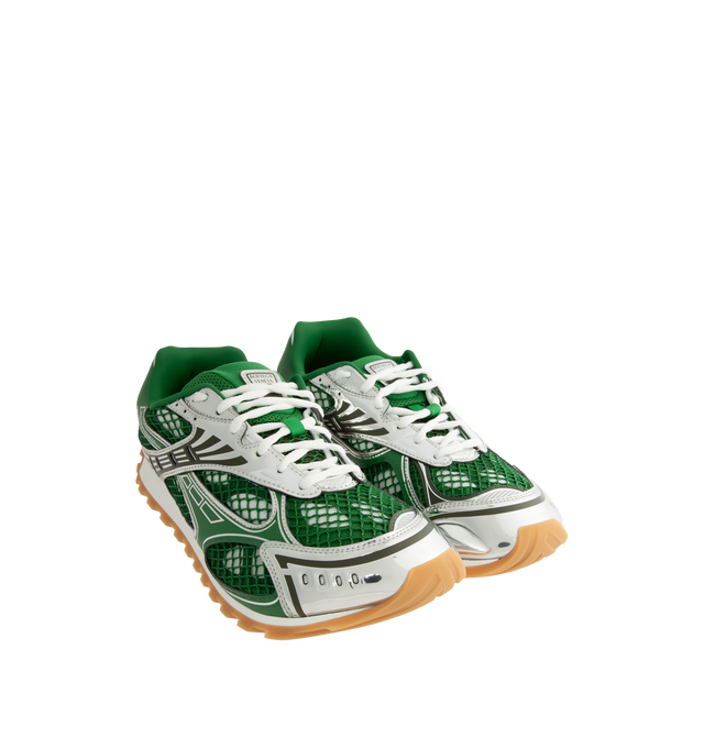 Image 2 of 5 - GREEN - Bottega Veneta Orbit Sneaker featuring mechanical textile upper, rubber sole, lace-up front, padded collar and tongue with Bottega Venneta logo detail at tongue. Made in Italy. 