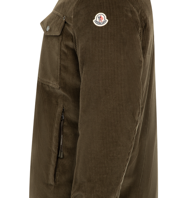 Image 3 of 3 - BROWN - MONCLER Ambroisie Corduroy Down Shirt Jacket featuring polyester lining, down-filled, collar with flannel lining, zipper and snap button closure, zipped pockets, chest pockets with snap button closure and adjustable cuffs. 100% cotton. Lining: 100% polyester. Padding: 90% down, 10% feather. Made in Romania. 