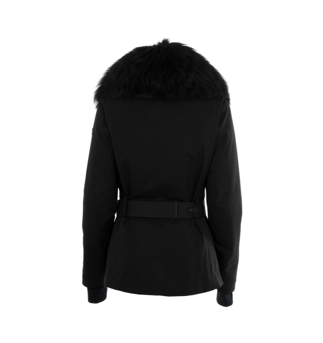 Image 2 of 2 - BLACK - Moncler Vizelle Belted Jacket has a dyed shearling ruff, shawl collar, 2-way zip front closure, logo detail, thumbhole cuffs, side zip pockets, sleeve zip pockets, and utility belt at the waist. 100% nylon, polyamide, cotton, elastane. Fill: 90% down, 10% feather. Made in Romania.  