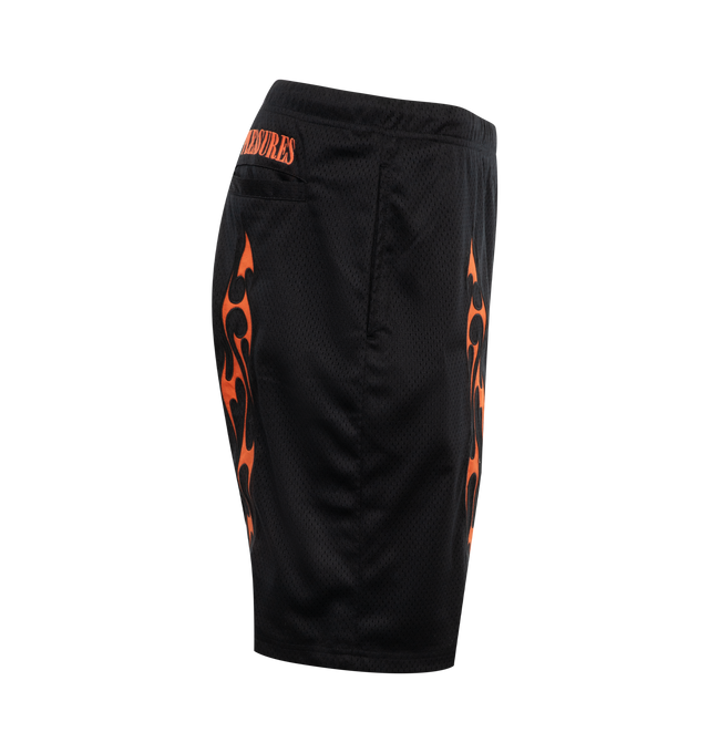 Image 3 of 3 - BLACK - PLEASURES Flame Mesh Shorts featuring pull-on styling with elastic waistband and interior drawstring tie closure, 3-pocket styling, midweight jersey mesh fabric with novelty flame embroidery and Pleasures logo at back. 100% polyester. Made in China. 
