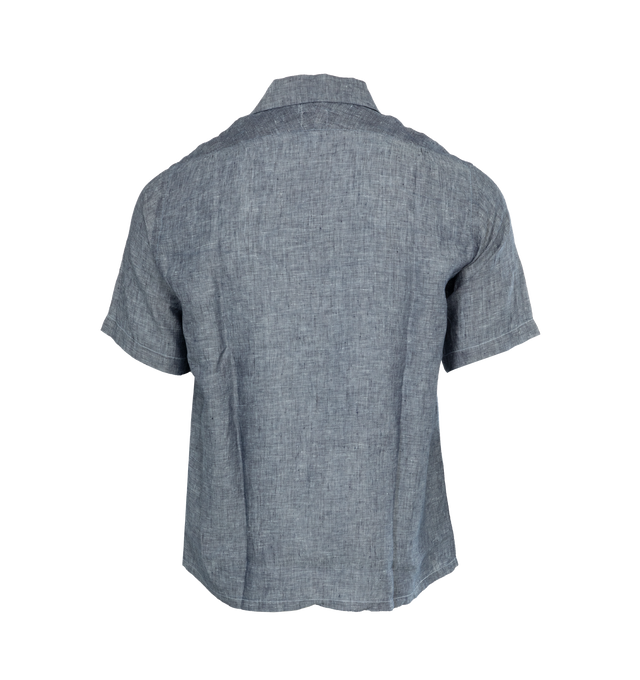 Image 2 of 3 - BLUE - POST O'ALLS Neutra 4 short sleeve button-up shirt crafted from linen chambray featuring a regular fit with side gussets, full button front, two 'v' stitch pockets, open collar, a nod to 50's styling.  Made in Japan. 