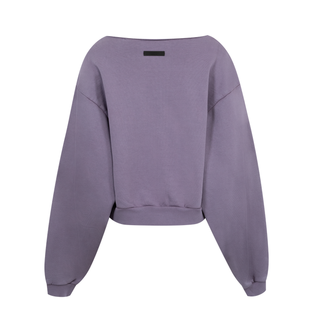 Image 2 of 2 - PURPLE - Fear of God Essentials Fleece Sweatshirt has a raw edge crew neck, ribbed trims, a cropped length, and graphic screen printing. 100% cotton.  