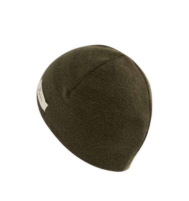 Image 2 of 3 - GREEN - JACQUEMUS Chevron Knit Beanie in wool and cashmere featuring chevron pattern knit, unfolded shape and logo tag embroidered on the side. 70% virgin wool, 30% cashmere. Made in Italy. 