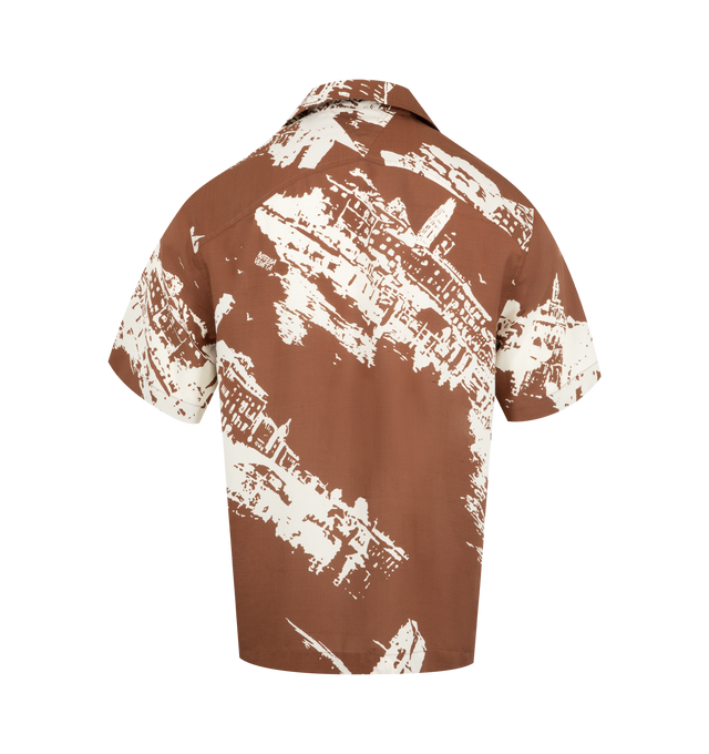 Image 2 of 2 - BROWN - BOTTEGA VENETA Italian Postcard Silk Shirt featuring short sleeves, lightweight silk shantung with Italian postcard print, button closure and regular fit. 75% silk, 25% cotton. Made in Italy.  