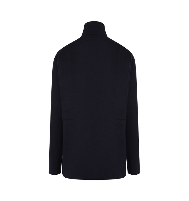 Image 2 of 3 - NAVY - THE ROW Tanera Jacket featuring technical jacket in smooth virgin wool gabardine with concealable hood at collar, adjustable interior drawstring waistband and concealed front placket with zipper and button closures. 100% wool. Lined in 100% silk. Made in Italy. 