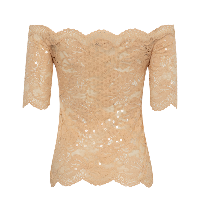 Image 2 of 2 - NEUTRAL - Paco Rabanne Haut Lace Top is a pull-on style with scalloped trim, short sleeves, and lace material. Nylon, polyamide, and elastane.  