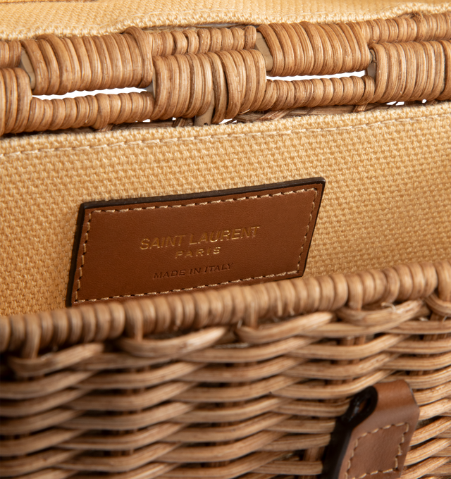 Image 3 of 3 - BROWN - SAINT LAURENT Gaby Vanity featuring a top handle, an adjustable and detachable strap, bronze-tone hardware, cassandre leather tab fastening and one card slot. 7.1" x 4.3" x 2.6". Wicker. Made in Italy. 