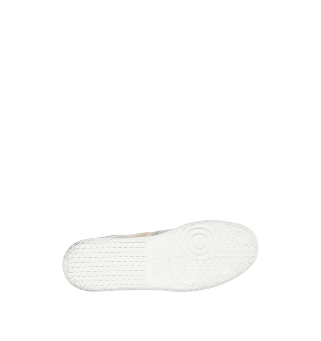 Image 4 of 5 - WHITE - MAISON MARGIELA Replica Sneakers featuring low-top, buffed nappa calfskin and calfskin suede, distressed throughout, lace-up closure, concealed elasticized gussets at vamp, logo patch at padded tongue, padded collar, white stitching at heel tab and treaded rubber sole. Upper: calfskin. Sole: rubber. Made in Italy. 