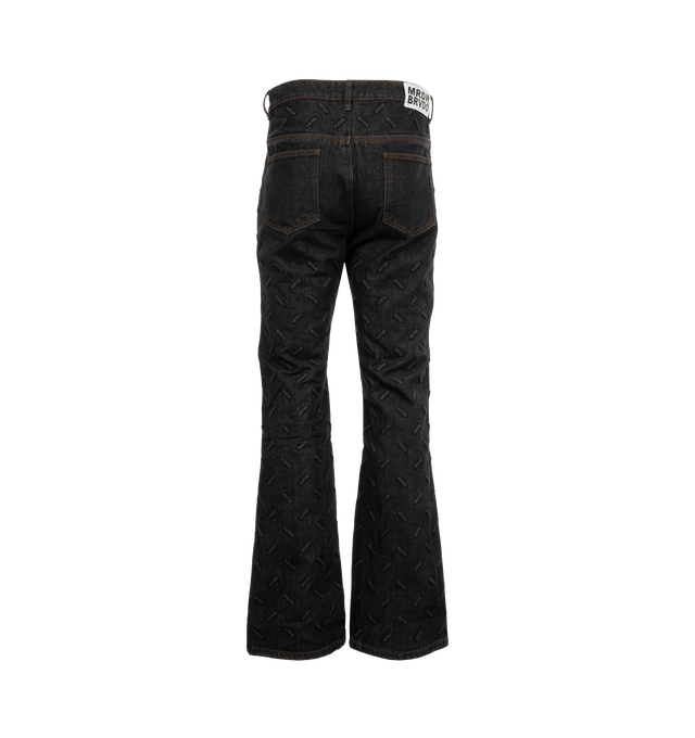 Image 2 of 3 - BLACK - Who Decides War Thread Plate Denim Jeans are comprised of 100% cotton and feature a flared cut. The pants feature an inseam of 35.5 inches and are sewn with an embossed thread plate pattern throughout. 