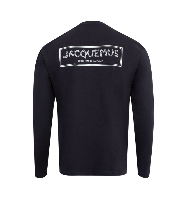 Image 2 of 2 - NAVY - JACQUEMUS Fisherman Logo Embroidered T-Shirt featuring loose fit, cotton jersey, ribbed crew neck, long sleeves, "J" Fisherman logo embroidered on chest and fisherman logo tag on the back. 100% cotton. 