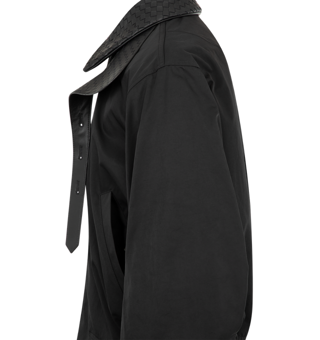 Image 3 of 3 - BLACK - Bottega Veneta Mens Bomber Jacket is crafted from polyamide. Features an Intrecciato-inspired woven collar, zip-front closure with snap-button placket, buttoned front pockets, ribbed cuffs and hem, and a regular fit. Main Material: 100% Polyamide. Made in Italy. 
