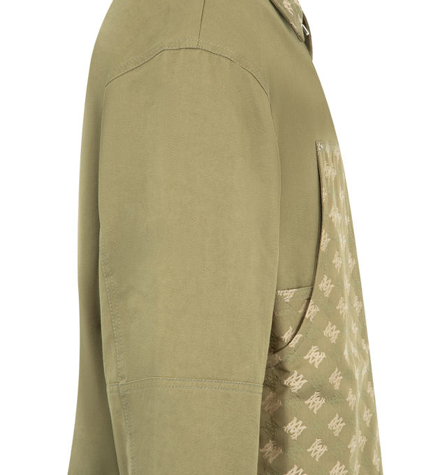 Image 3 of 3 - GREEN - Amiri Mens MA Quad Jacquard Work Jacket is crafted from a custom-woven cotton and virgin wool jacquard. Features front patch panels, side tabs, button cuffs, double-zip closure, and signature MA Quad monogram. Material: 100% Cotton. Made in Italy. 