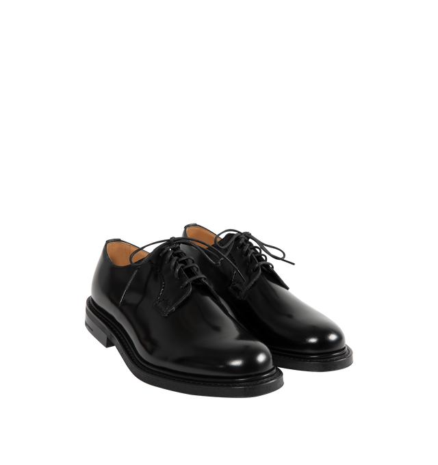 Image 2 of 4 - BLACK - CHURCH'S Shannon Polished Leather Derby Shoes featuring whole-cut leather with polished binder finish, hand stitching to eyestay, stacked heel, round toe, lace-up vamp, blind eyelets, leather laces and logo crest on the footbed and sole. 
