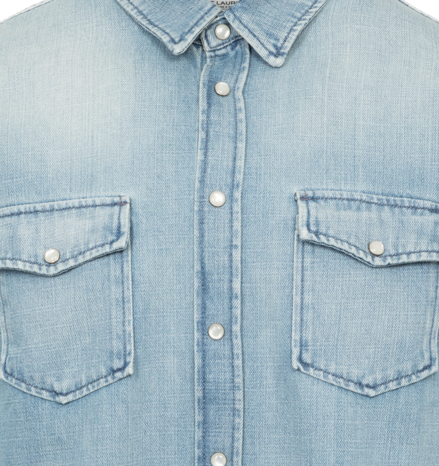 Image 3 of 3 - BLUE - SAINT LAURENT Sarli Denim Shirt featuing front pockets, classic collar, mother of pearl button closure and long sleeves. 100% cotton. 