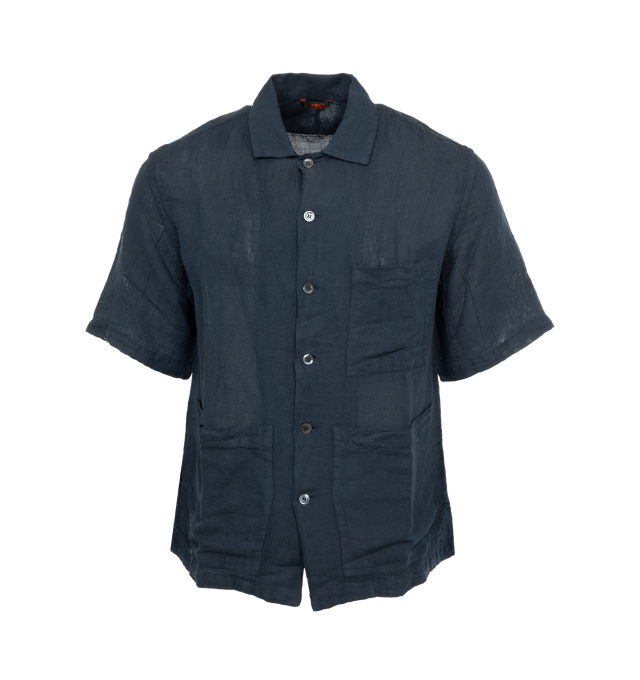 Image 1 of 3 - BLUE - BARENA VENEZIA Barber vintage retro overshirt in an oversize fit, regular length with short sleeves and 3 patch pockets crafted from pure 100% cotton popeline. 