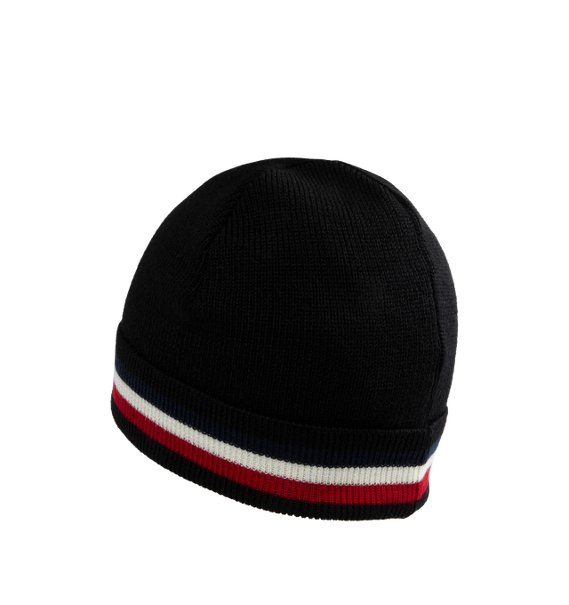 Image 2 of 2 - BLACK - MONCLER Tricolor Wool Beanie featuring ultrafine wool, stocking-stitch, gauge 7 and foldover brim with logo. 100% virgin wool. 