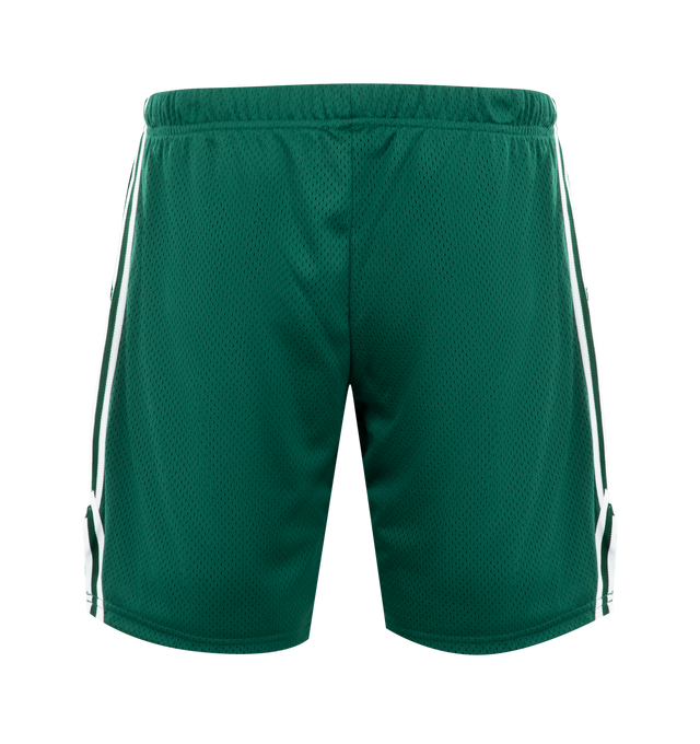 Image 2 of 3 - GREEN - GALLERY DEPT. Venice Court Shorts featuring breathable mesh jersey with a GD ENGLISH logotype at front, balloon fit with an elasticized waistband and inner drawstring, front slip pockets, white striped piping over seams and double lining. 100% Polyester. Made in USA. 