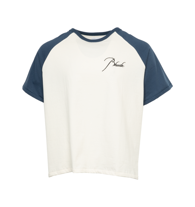 Image 1 of 4 - WHITE - RHUDE Raglan T-Shirt featuring rib knit crewneck, logo embroidered at chest and back and raglan short sleeves. 100% cotton. Made in United States. 