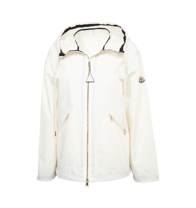 Image 1 of 3 - WHITE - MONCLER Cassiopea Jacket featuring grosgrain details on the hood, front, hem and sleeves, hood, zipper closure, zipped pockets and hem with drawstring fastening. 100% polyester. Made in Romania 