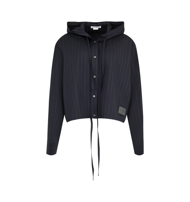 Image 1 of 3 - BLUE - Acne Studios Women's Button-Up Wool Overshirt is crafted from wool with a seasonal pinstripe pattern and features a relaxed-fit, hip-length silhouette. Designed with a hood, button-front closure, shirt cuffs, drawcords at the hood and hem, side-seam pockets, and a logo patch at the hem. Main Material: 100% Wool. 