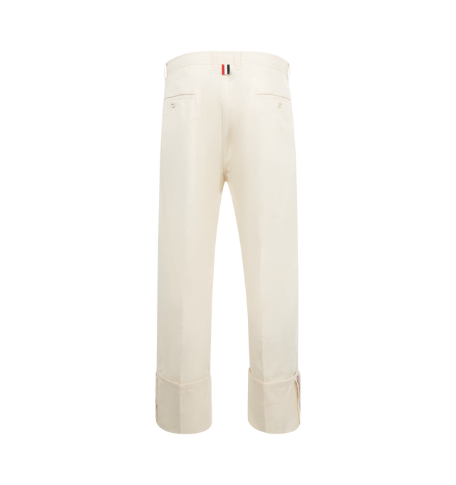 Image 2 of 3 - WHITE - THOM BROWNE Unconstructed Trouser featuring straight leg, concealed front button and zip closure, two side pocket, two back welt pockets, straight side seam in rwb and cuffed hem. Cotton.  