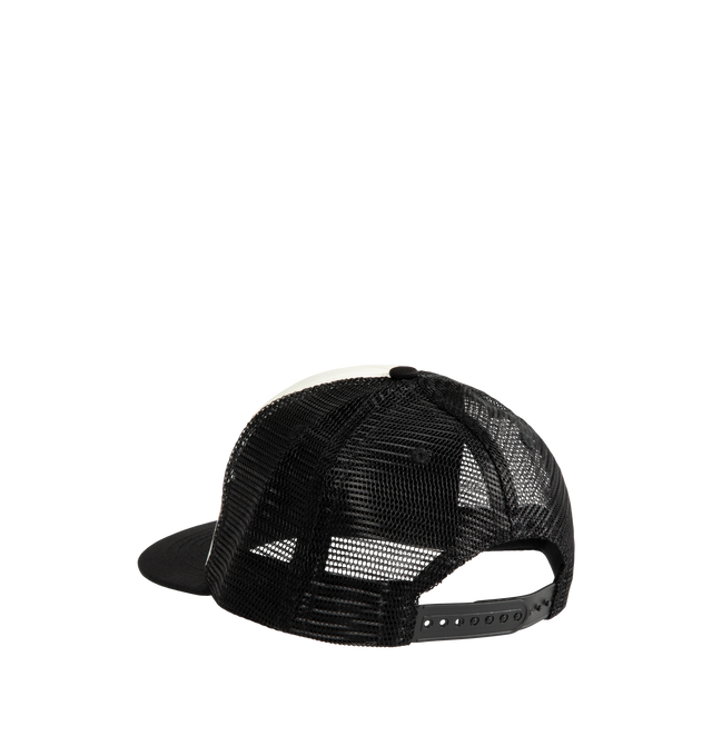 Image 2 of 2 - MULTI - Rhude Men's Logo Trucker Hat is crafted from durable canvas and features a signature logo graphic and lettering at the front for a bold streetwear-inspired finish. Designed with a structured crown, breathable mesh back panel, and adjustable snapback closure for a customizable fit, this designer hat reflects Rhude's contemporary approach to classic American styling. Main Material: 65% Polyester, 35% Cotton. Brim: 2.25 in. Crown: 5.5 in. Circumference: 23.25 in. Closure: Adjustable Snap 