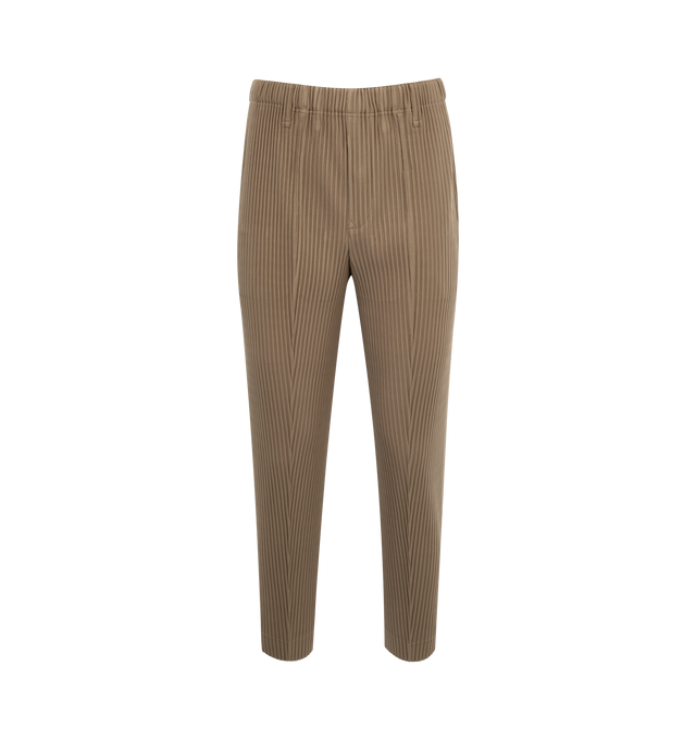 Image 1 of 3 - BROWN - ISSEY MIYAKE Compleat Trousers featuring slim shape, full-length hem, pleated, center seam detail, elastic waistband and two pockets. 100% polyester. 