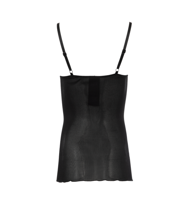 Image 2 of 3 - BLACK - SAINT LAURENT Laced Tank Top featuring semi sheer, fitted, lace trim, v neckline and adjustable shoulder straps. 100% silk.  