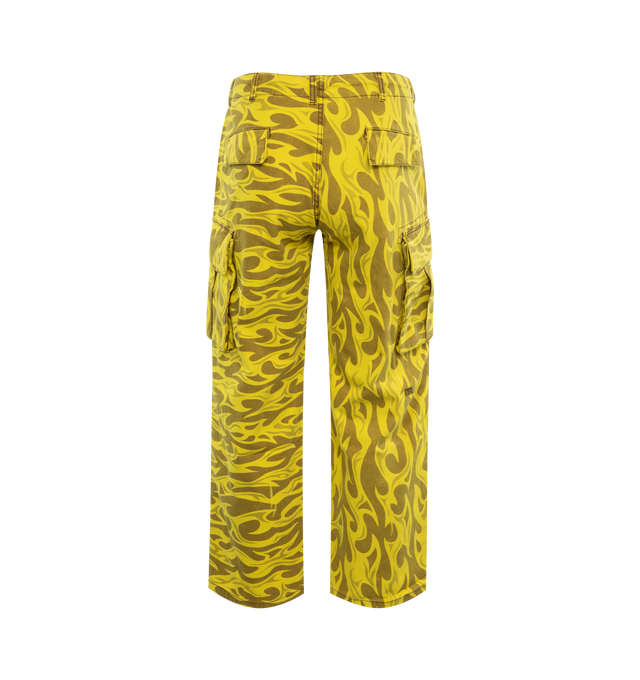 Image 2 of 3 - YELLOW - ERL Printed Cargo Pants featuring subtle distressing and graphic pattern printed throughout, belt loops and concealed drawstring at waistband, four-pocket styling, zip-fly, drawstring at cuffs, cargo pocket at outseams and logo embroidered at back leg. 100% cotton. Made in Portugal. 