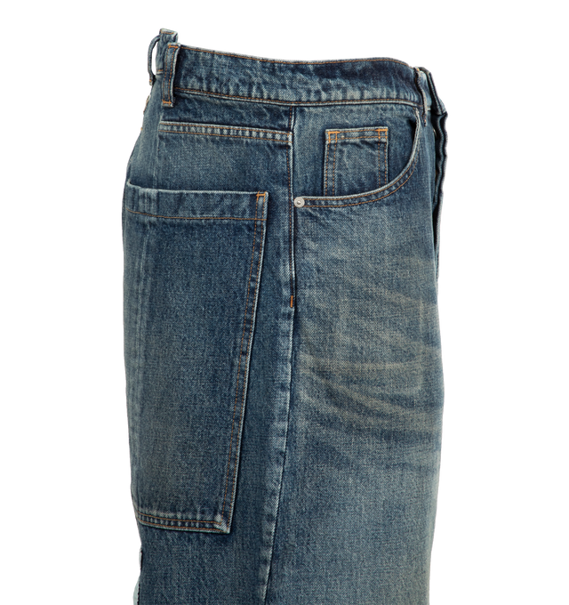 Image 3 of 3 - BLUE - B1 Archive Wide Leg 5 Pocket Trousers have a wide-leg silhouette, belt loops, and a rear signature patch.   