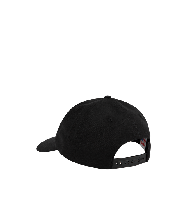 Image 2 of 2 - BLACK - Noah Core Brand Logo 5-Panel Hat has embroidered eyelets, an adjustable leather strap with a metal slider, and an embroidered logo at the front. 100% wool. Made in USA.  