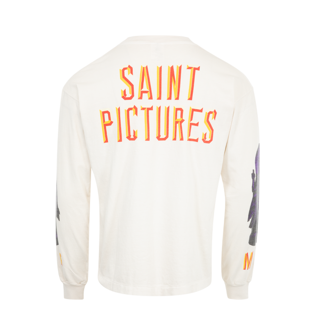 Image 2 of 2 - WHITE - Saint Michael Saint Pictures T-Shirt has a crew neck, long sleeves, ribbed trims, and a graphic design at the front, back, and sleeves. 100% cotton. Made in Japan.  