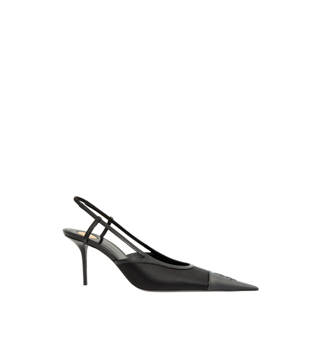 Image 1 of 4 - BLACK - Saint Laurent Women's Rene 75 Cassandre-Embroidered Satin Slingback Pumps are crafted from black satin with leather trim. The pointed-toe silhouette features tonal Cassandre embroidery, an elasticized slingback strap, and a slender stiletto heel. Upper: Satin and Leather. Sole: Leather. Heel Height: 75 mm / 3 in. Made in Italy. 