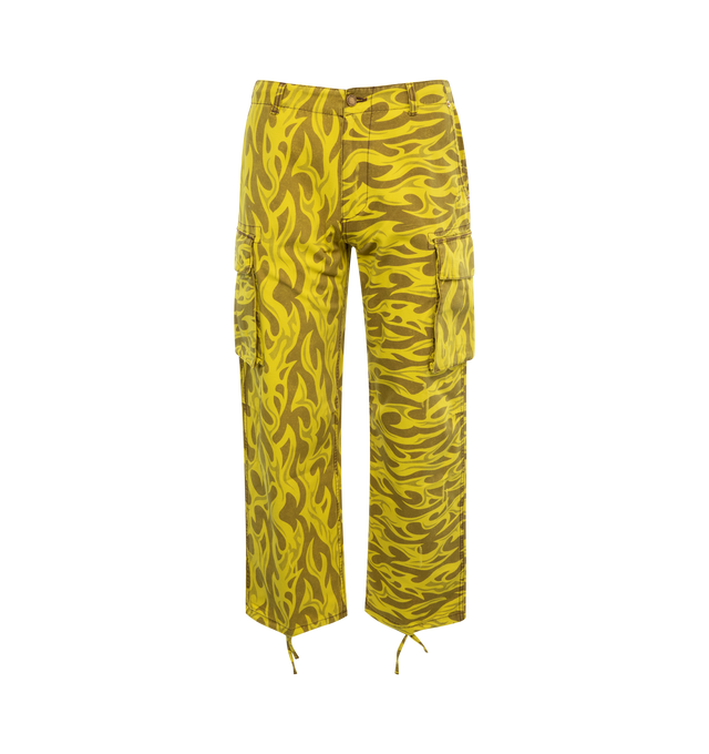 Image 1 of 3 - YELLOW - ERL Printed Cargo Pants featuring subtle distressing and graphic pattern printed throughout, belt loops and concealed drawstring at waistband, four-pocket styling, zip-fly, drawstring at cuffs, cargo pocket at outseams and logo embroidered at back leg. 100% cotton. Made in Portugal. 