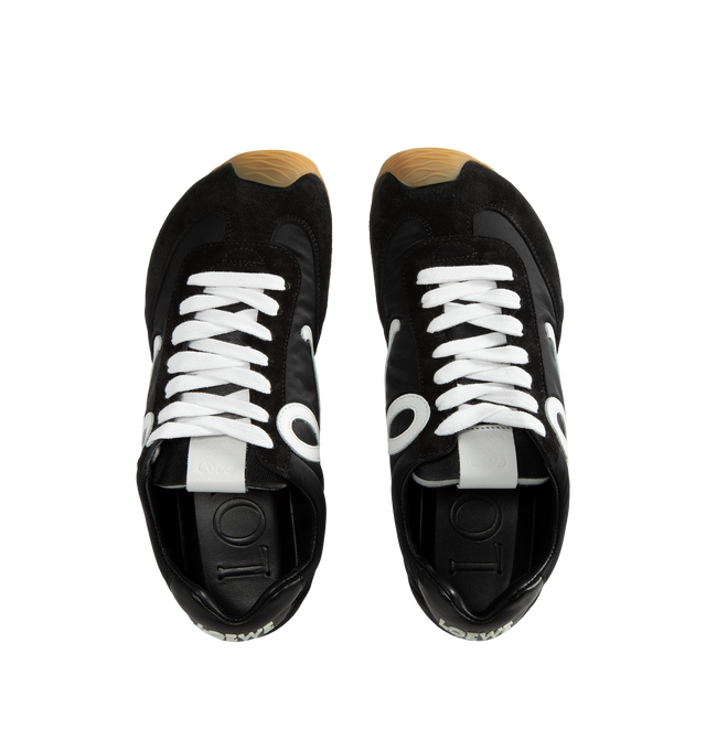 Image 5 of 5 - BLACK - Loewe Men's Ballet Runner 2.0 Sneakers are crafted from nylon and suede and feature the brand's signature asymmetrical toe shape, a sock-like internal construction, and a lightweight rubber outsole that extends over the toe. Designed for comfort and everyday versatility, this updated runner silhouette is finished with an L monogram at the side, an embossed Anagram logo on the tongue, and injected rubber LOEWE branding at the heel tab. Main Material: Nylon and Suede. Heel Height: 2 cm  