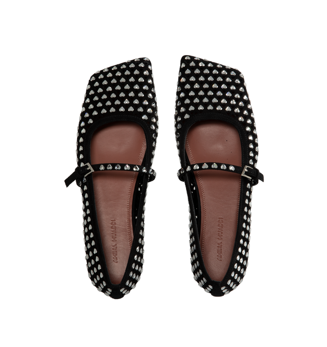 Image 4 of 4 - BLACK - AMINA MUADDI Ane Crystal Heart Flats featuring squared toe, suede, heart crystal embellishment and mary jane buckle strap. 100% lambskin. Lining: 100% goat. Sole: 70% leather, 30% rubber.  