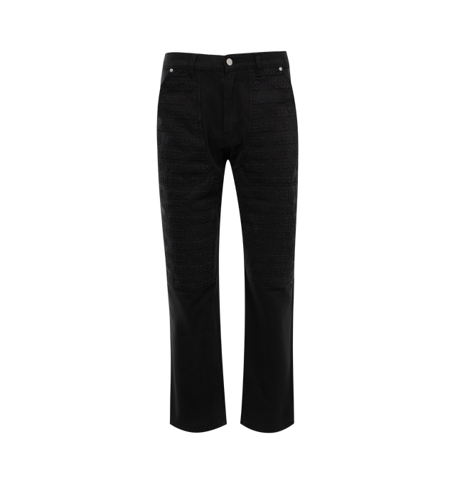 Image 1 of 3 - BLACK - PLEASURES Impact Double Knee Pants featuring heavyweight cotton canvas, garment dyed, embossed all-over PLEASURES logo design on double knee and stone washed. 100% cotton. 