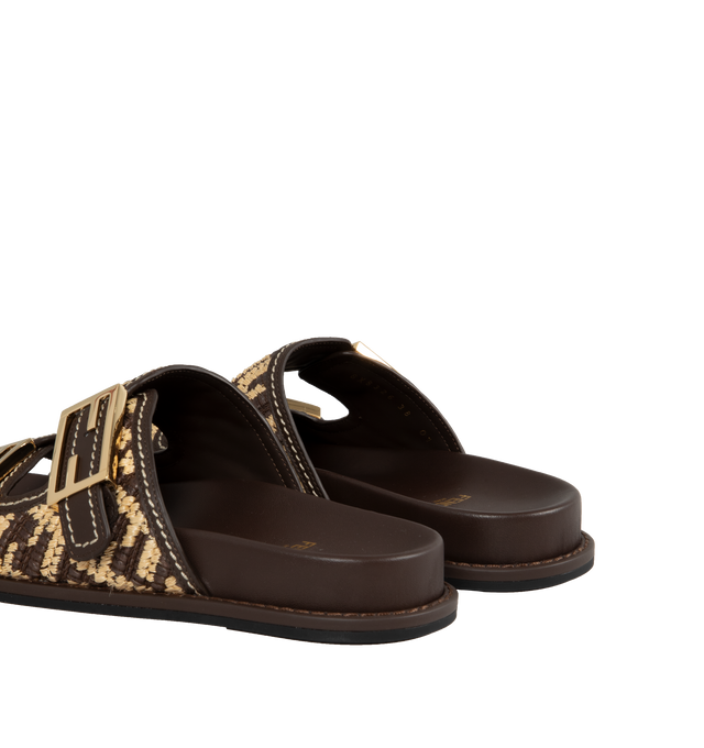 Image 3 of 4 - BROWN - FENDI Feel Sandal featuring double-band flat slides with FF Baguette decorative buckles, braided cotton fiber with FF motif in brown and beige and gold-finish metalware. 80% cotton, 20% polyamide. Embroidery: 100% viscose. Inside: 100% calf leather. Made in Italy.  