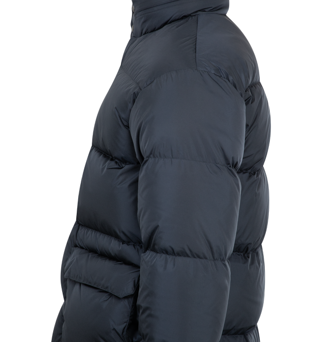 Image 5 of 5 - NAVY - ASPESI Moschino II Jacket featuring down-filled quilted nylon taffeta jacket, stowaway hood at stand collar, zip closure with press-stud placket, flap pockets, textile logo flag at hem, inset rib knit cuffs, elasticized snowskirt at interior, full satin lining and logo-engraved gunmetal-tone hardware. 80% down, 20% feathers. 