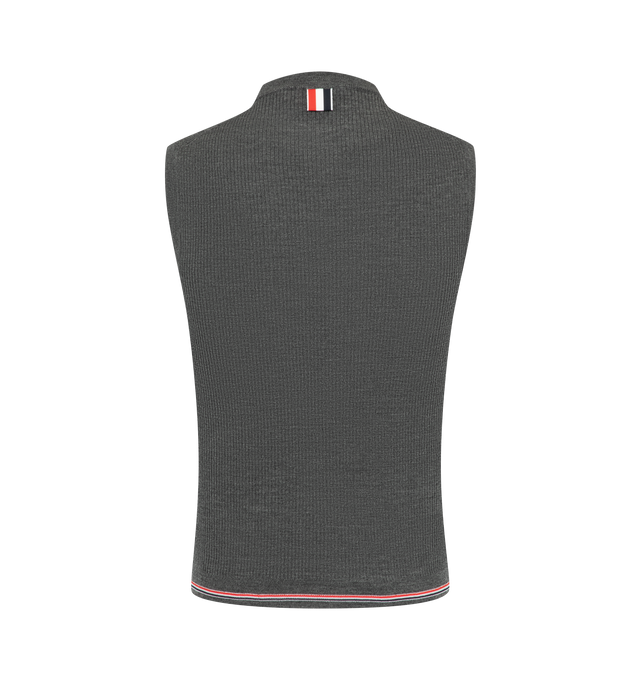 Image 2 of 2 - GREY - Thom Browne Womens Rib Stitch Merino Wool Shell Top is crafted from fine-gauge merino wool and features a sleeveless silhouette, finely ribbed neckline and armholes, a finely ribbed hem with signature RWB tipping, and the signature striped grosgrain loop tab. This designer merino wool shell top combines lightweight knit construction with a timeless sleeveless silhouette for elevated everyday layering. Main Material: 100% Wool. Made in Italy. 