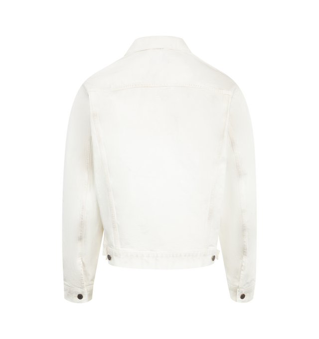 Image 2 of 2 - WHITE - SEEKINGS Denim Trucker Jacket featuring 3D creasing, relaxed boxy fit, low chest pockets, two side pockets, hidden button backer, button tabs at waist and engraved hardware. 100% cotton.  