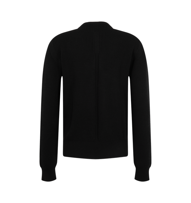 Image 2 of 2 - BLACK - Rick Owens Men's Fisherman Round Neck Sweater is crafted from a heavy wool fisherman knit and features a hip-length silhouette with long sleeves. This elevated knit design is detailed with a ribbed crew neckline, hem, and cuffs, level shoulder seams, beveled side-seam splits, and Rick Owens signature knit channel running down the center back spine. Combining substantial warmth with refined construction, the sweater offers a structured yet comfortable fit for everyday wear. Main Materi 