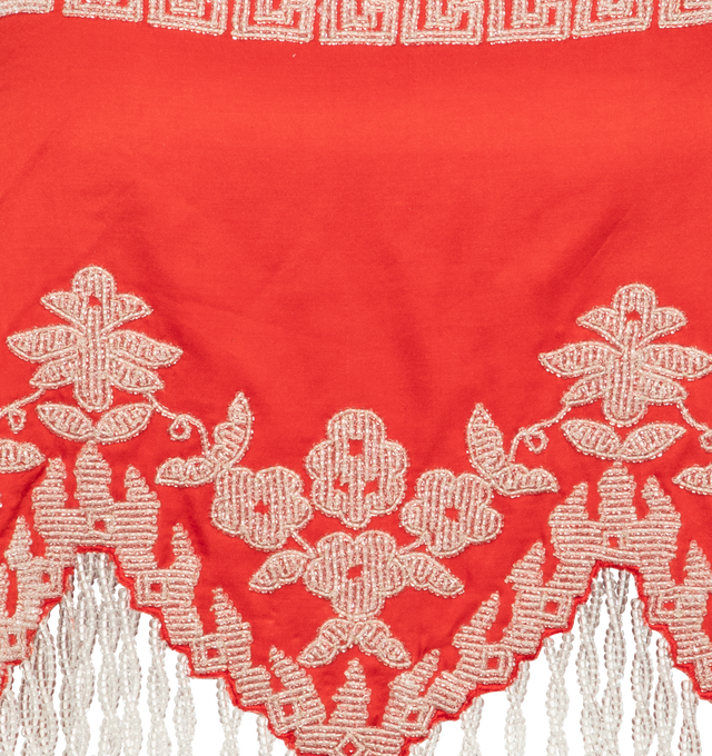 Image 3 of 3 - RED  - BODE Amrita Top featuring viscose satin top, hand-beaded graphic and floral patterns throughout, square neck, fringed detailing at scalloped hem and hook-eye closure at back. 100% viscose. Made in India. 